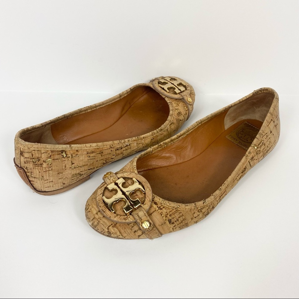 Tory Burch Aaden Cork Ballet Flats with gold logo.